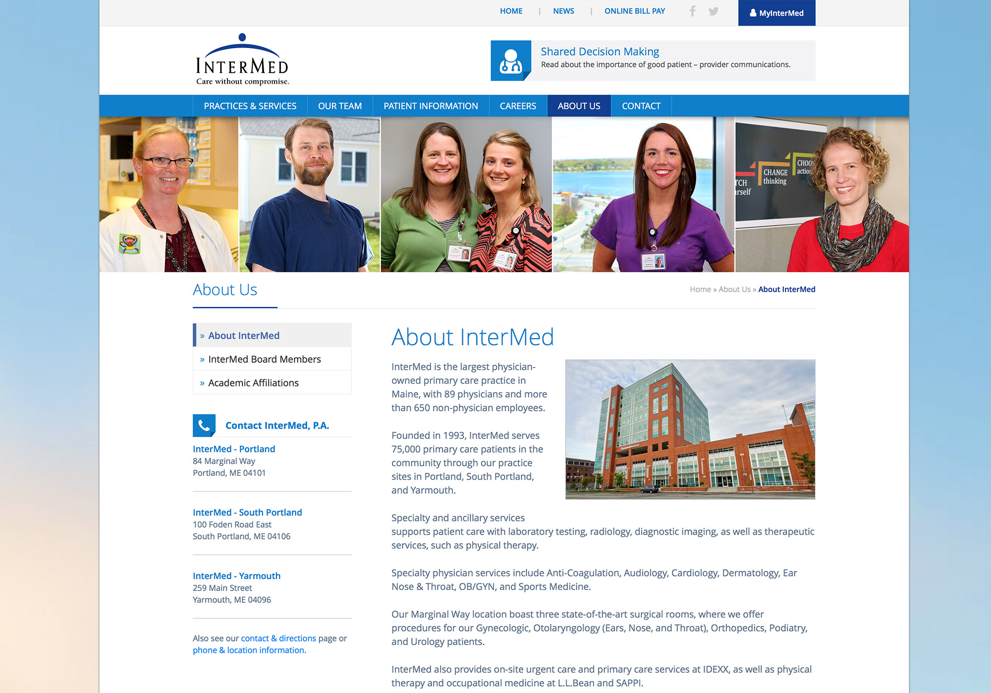 SlickFish designed website for InterMed, P.A.. A screenshot of the About Us page.