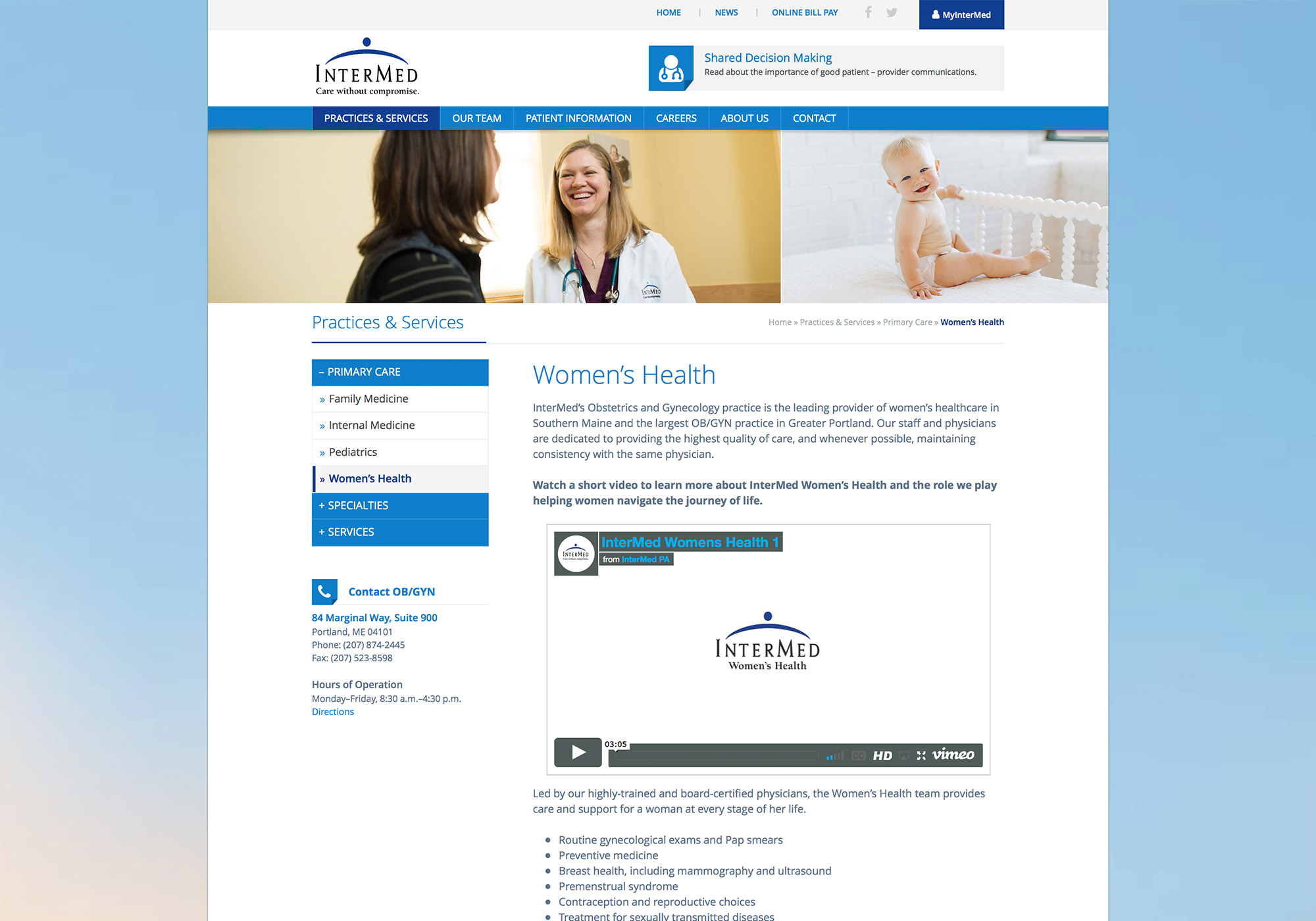 A website for premier healthcare provider InterMed, P.A. A screenshot of the Women's Health page by creative Portland, Maine website design firm, SlickFish Studios.