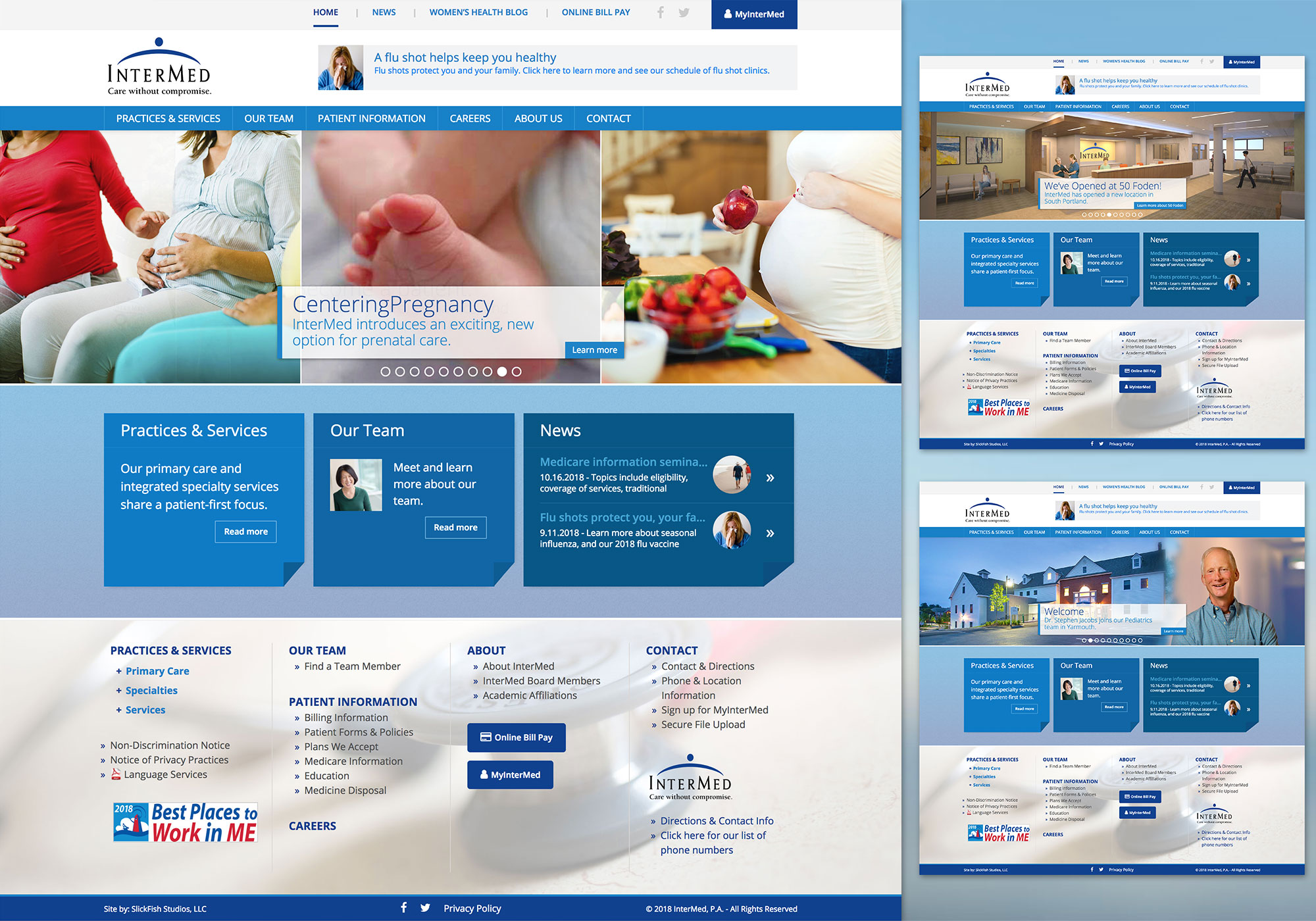 A composite of homepage screenshots from the beautiful InterMed, P.A. website. The website was designed with editable slides, and captions to feature new content on the homepage by New England based website design company, SlickFish Studios