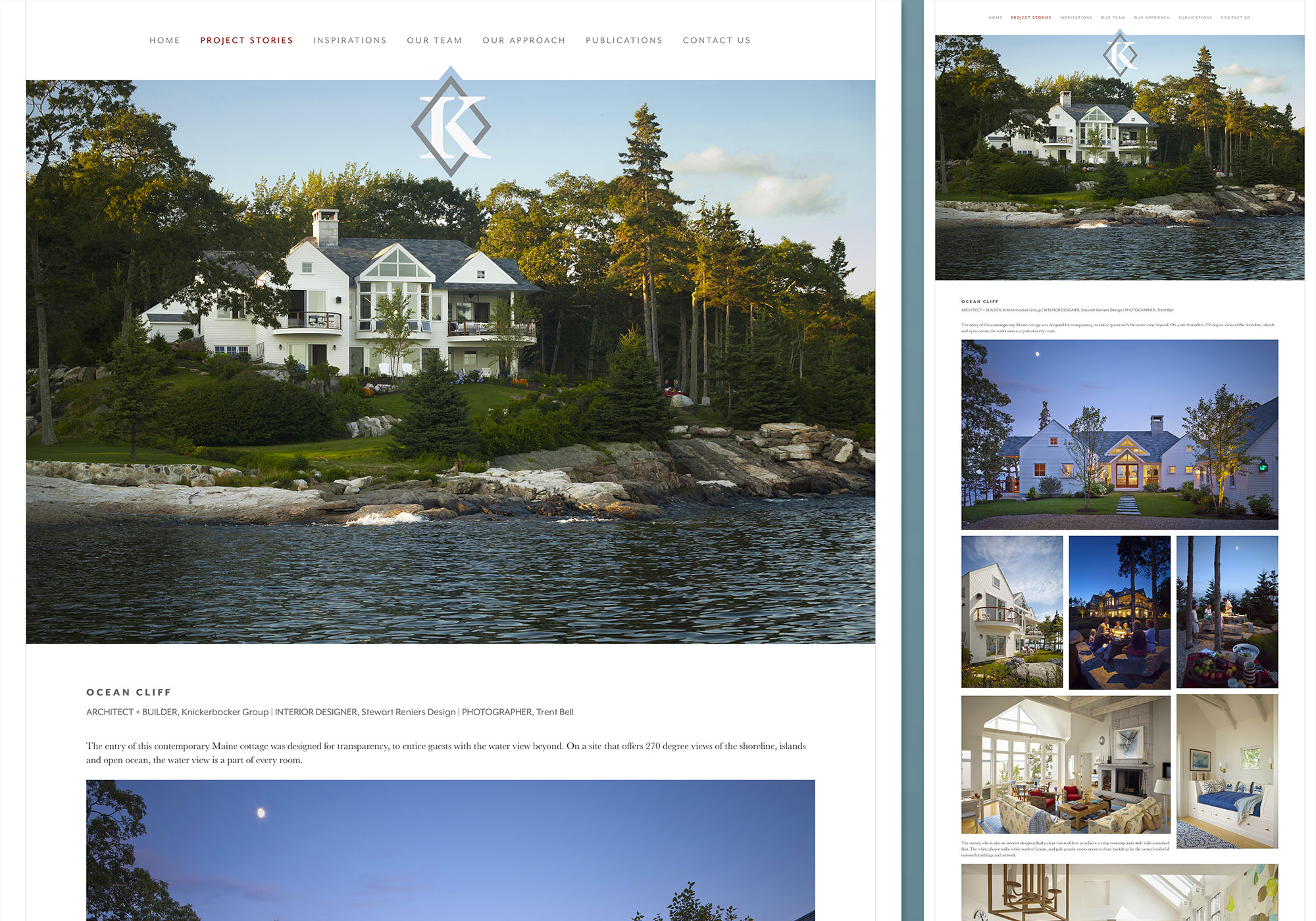 Custom WordPress website design for Knickerbocker Group's website, showing the complex layouts for project stories. Website design by Portland, Maine website design company, SlickFish Studios.