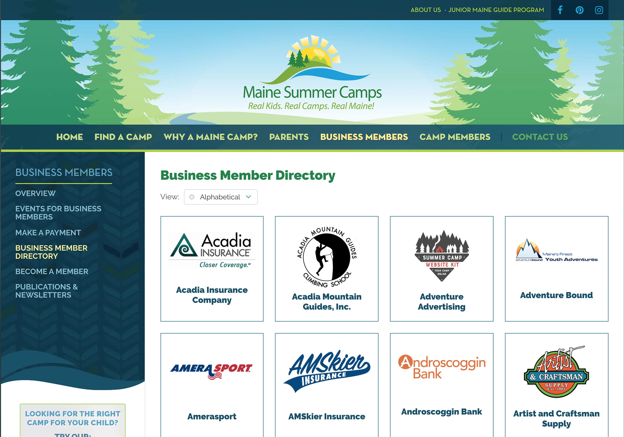 A screenshot of the business member directory page with easy popups to show more information. WordPress development and interface design by Maine website design company, SlickFish Studios.