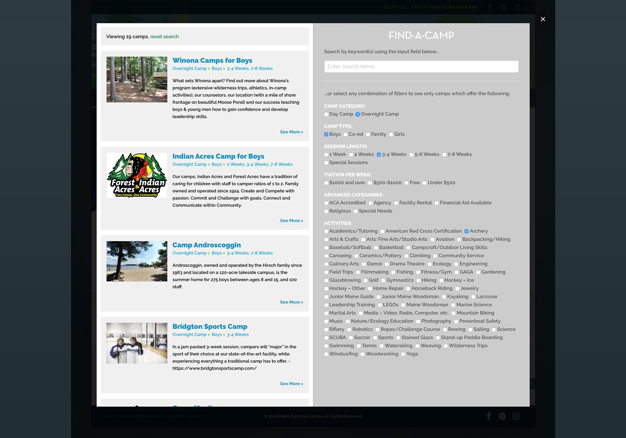 Custom WordPress design for Maine Camps website, showing the complex search tool for camp searches. Website design by Portland, Maine website design company, SlickFish Studios.