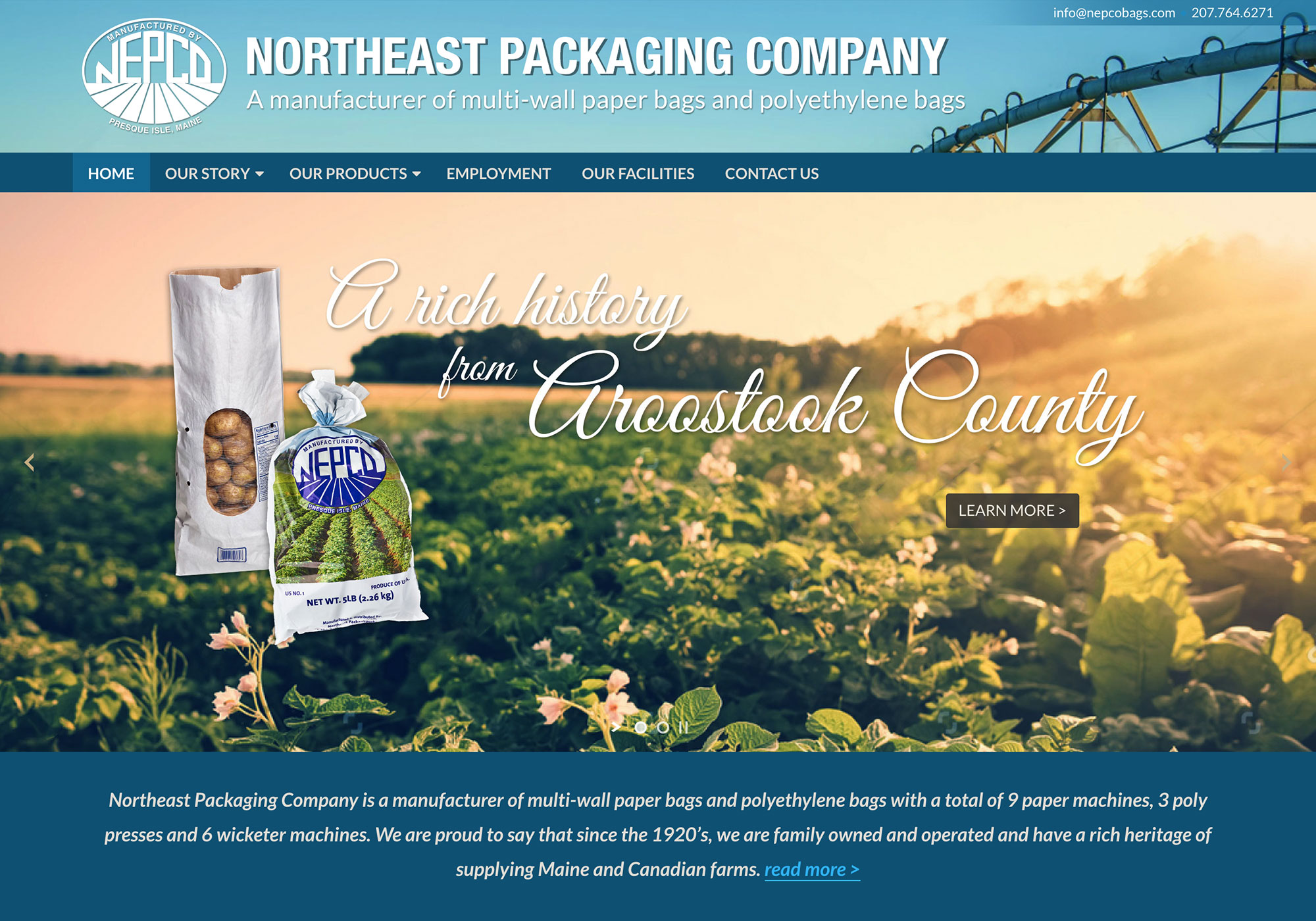 A screenshot of the homepage from the SlickFish Studios designed and developed website for Northeast Packaging Company.