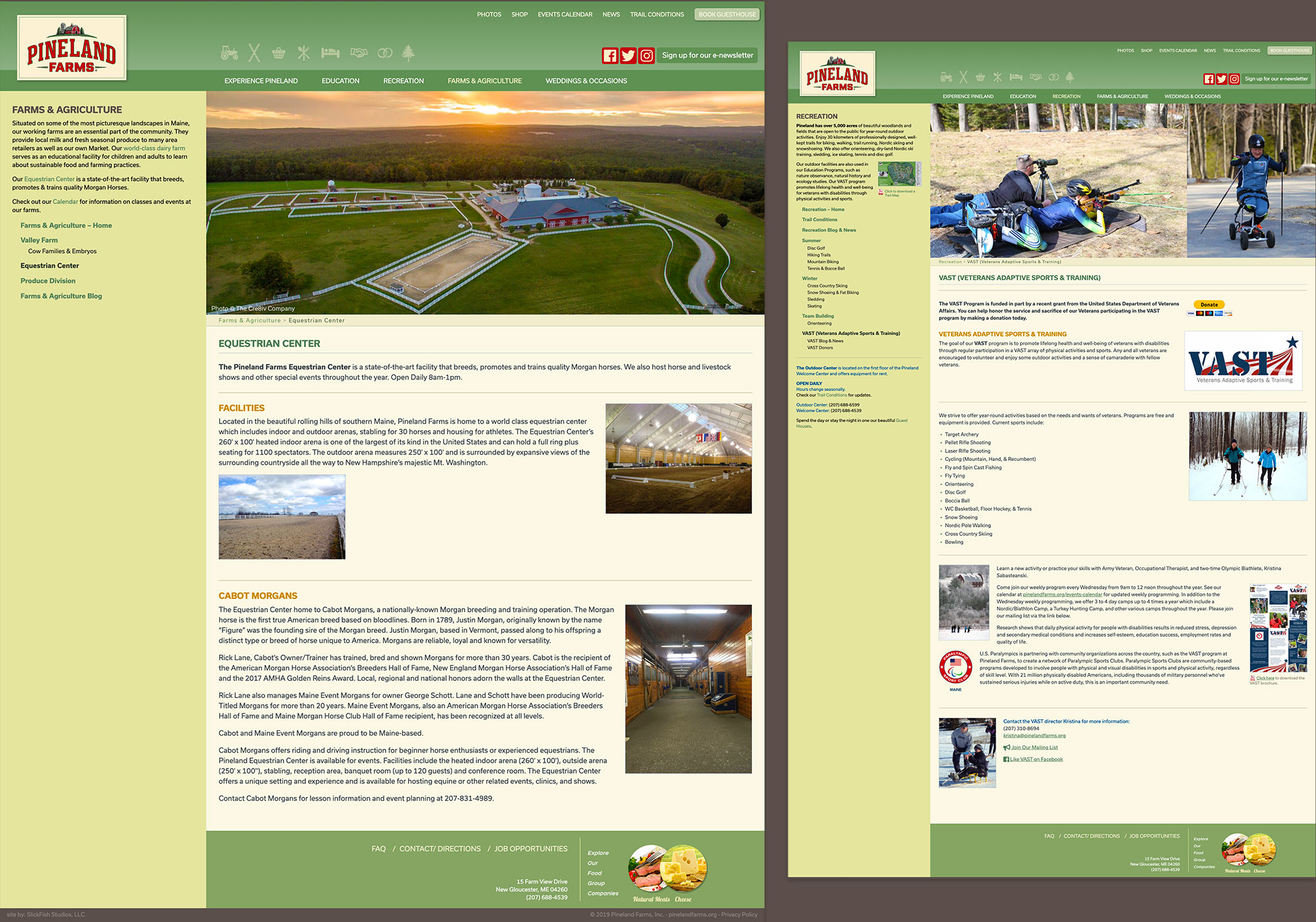 The Pineland Farms Equestrian Center and VAST page screenshots - Maine website design by SlickFish Studios