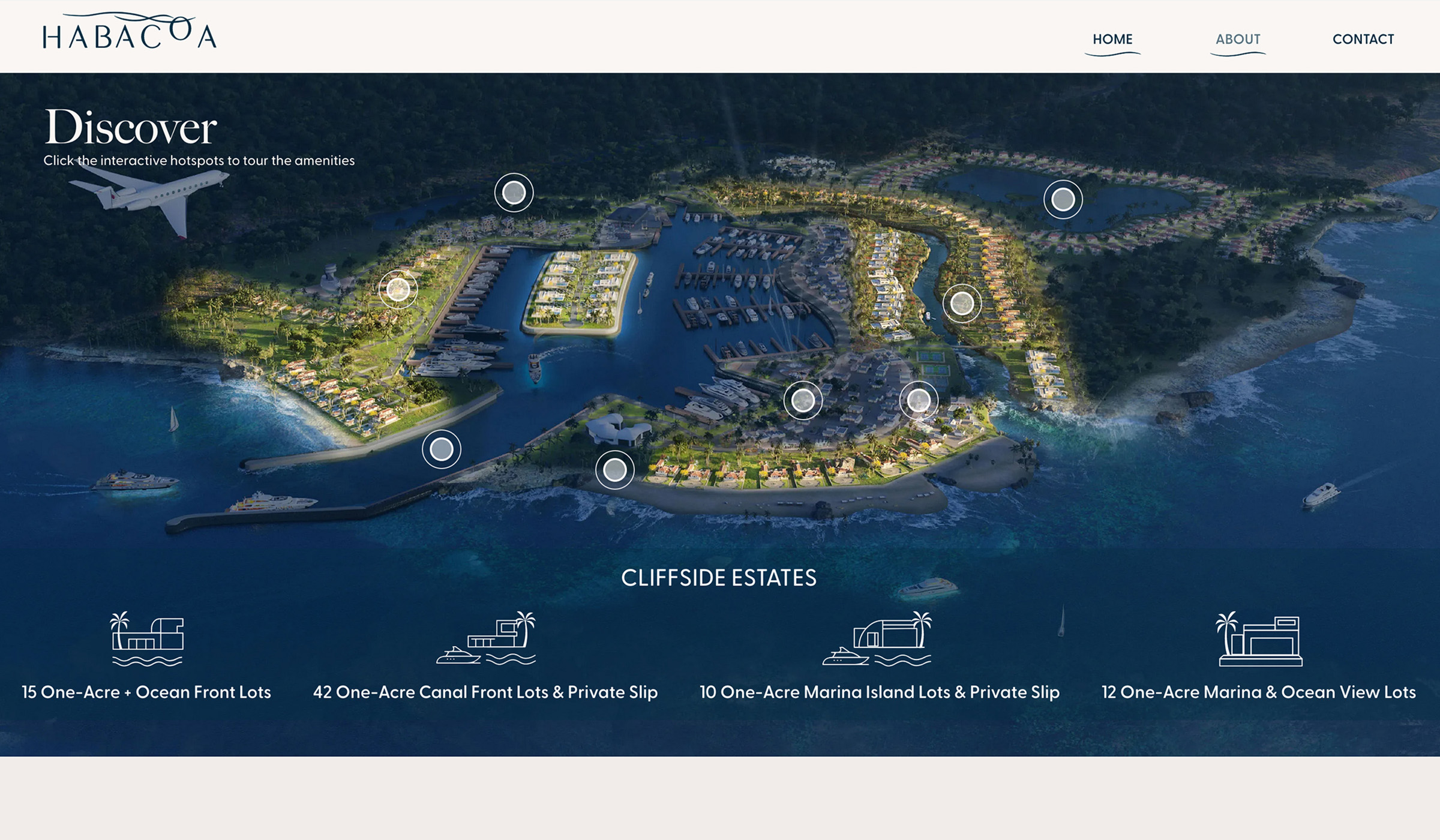 An interactive map with white hot spots highlighting areas of the super yacht marina.
