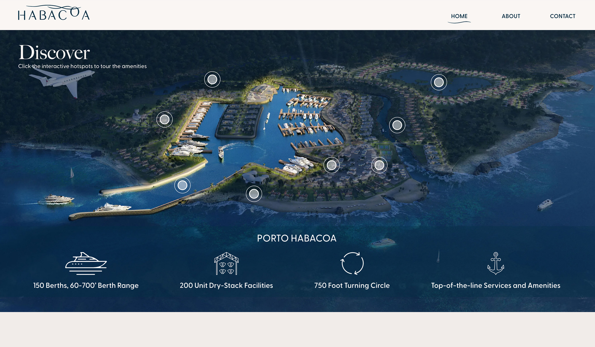 An interactive map with white hot spots highlighting areas of the super yacht marina.